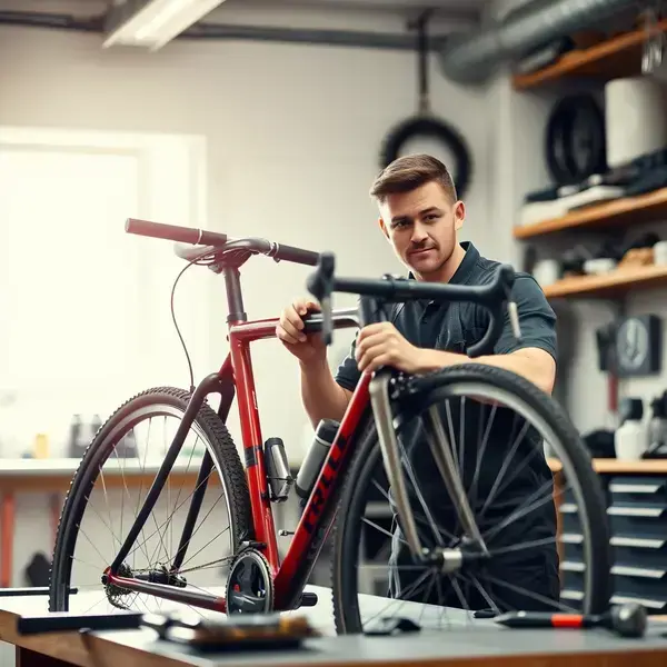 Experienced bike mechanic working on bicycle in workshop