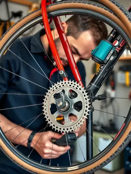 Bike mechanic working on gear assembly at workbench