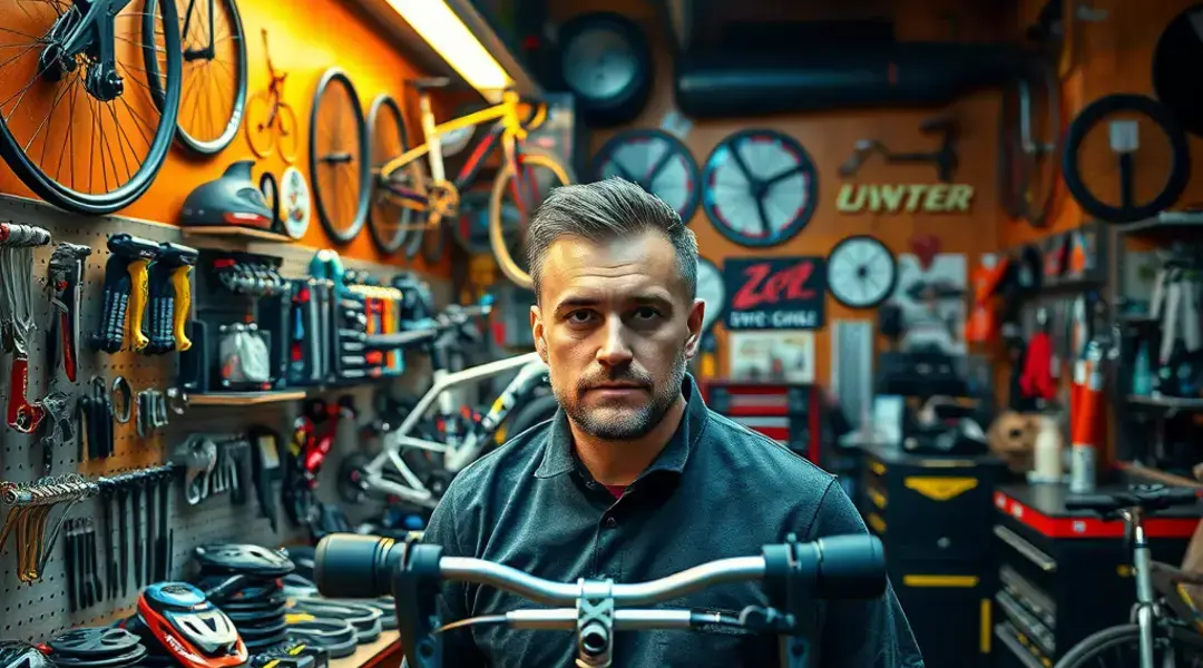 Professional bicycle repair workshop with mechanic working on bike