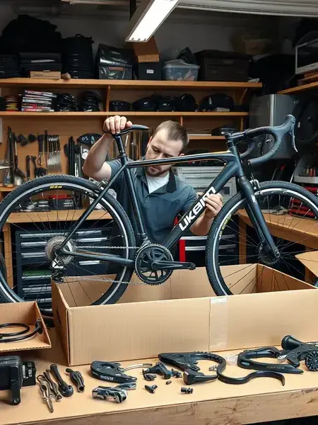 Mechanic assembling new bicycle from box