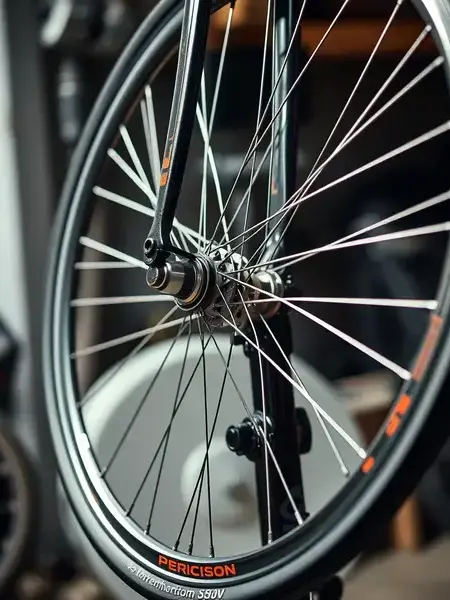 Bicycle wheel on truing stand for precision adjustment